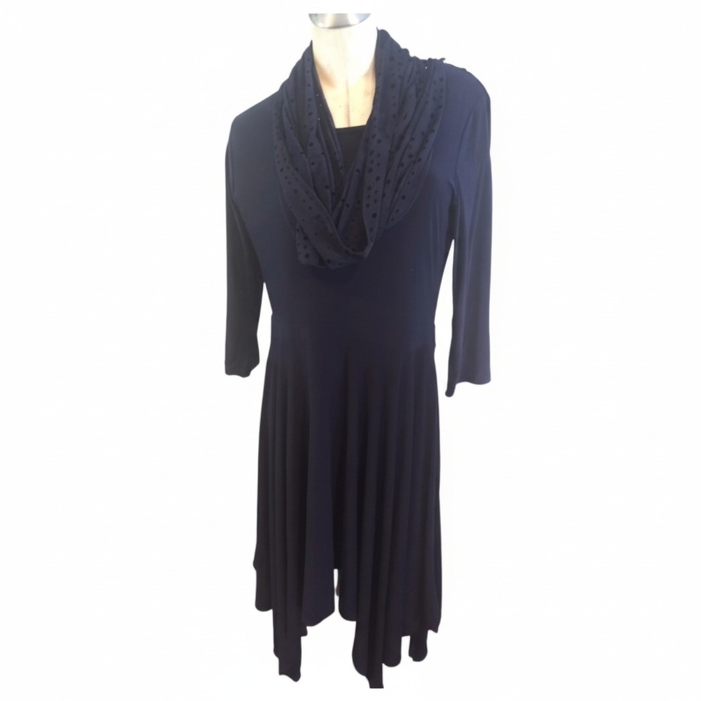 Nina Leonard Size L Navy Blue Dress with Scarf